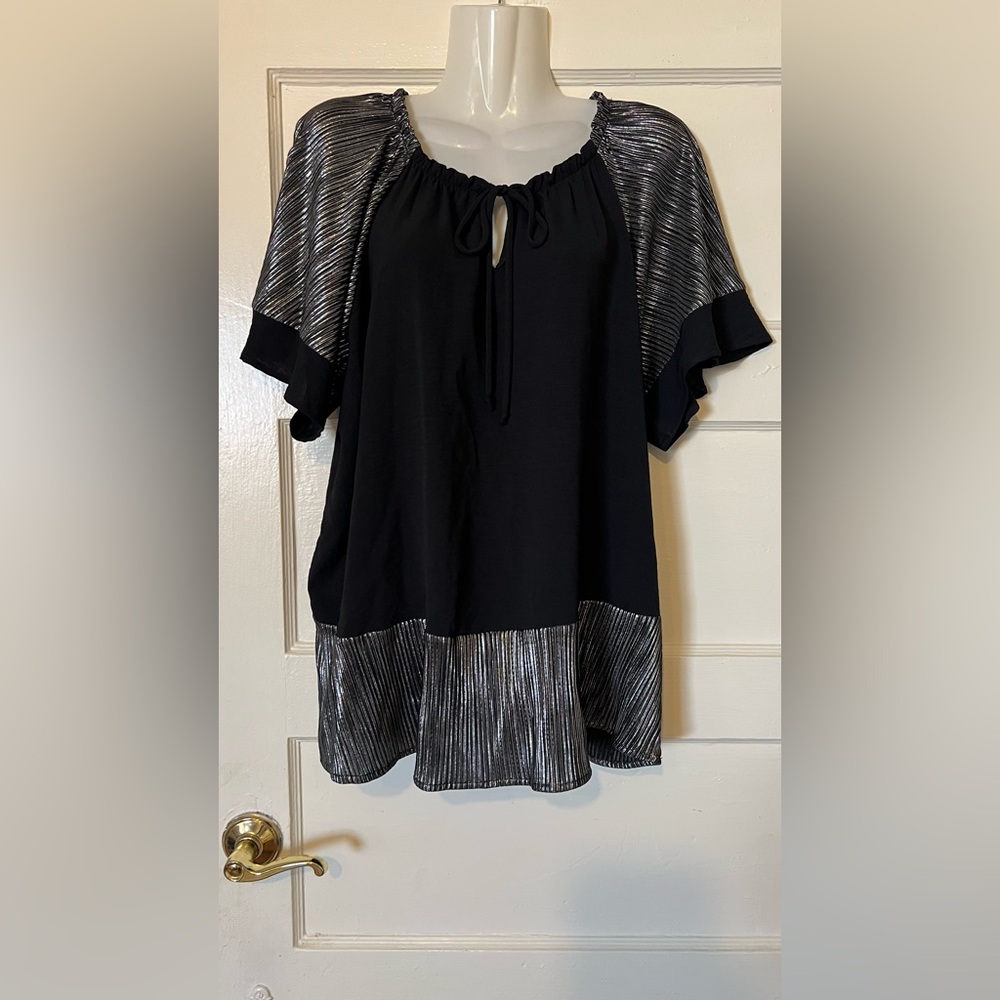 Black Blouse with Silver Metallic Accents and Tie Neck